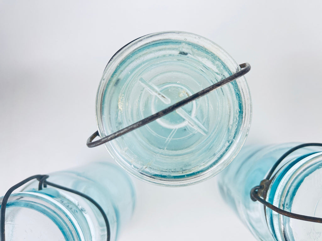 Product image for 'antique safety seal wide mouth aqua blue glass jar 2 pint capacity lightning metal hinge clasp made in canada sold separately 1' (view 2b1aa1)