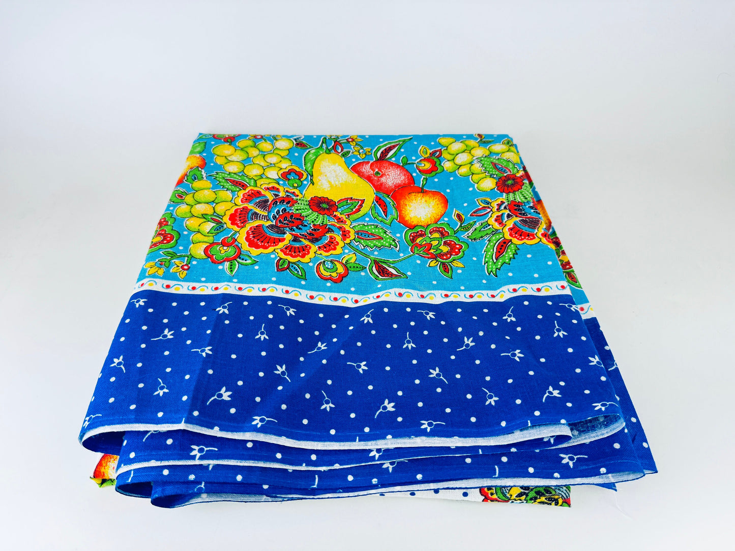 Vintage Blue + White Fruit + Floral Summer Rectangular Tablecloth - Cotton + Polyester Blend - Made In Italy