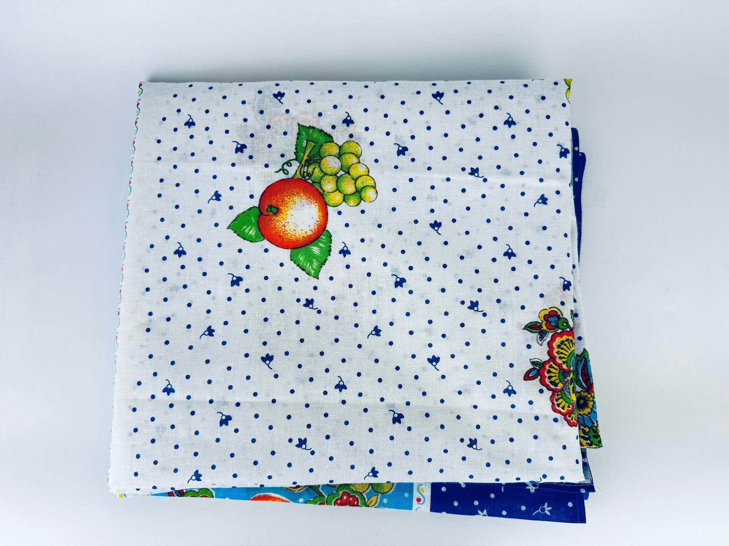 Vintage Blue + White Fruit + Floral Summer Rectangular Tablecloth - Cotton + Polyester Blend - Made In Italy