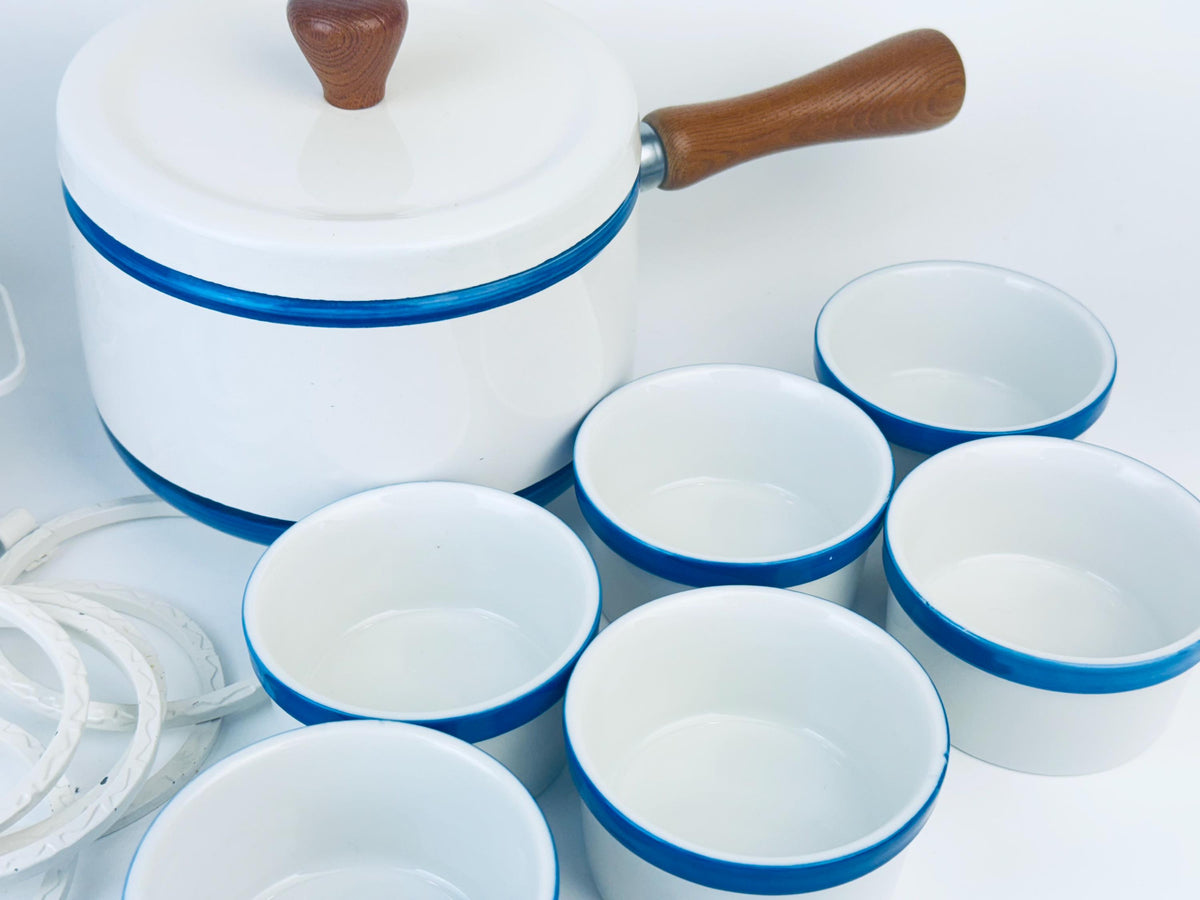 Product image for 'vintage white blue striped lazy susan fondue set' (view bb345e)