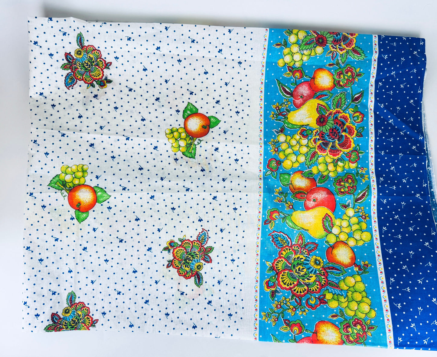Vintage Blue + White Fruit + Floral Summer Rectangular Tablecloth - Cotton + Polyester Blend - Made In Italy