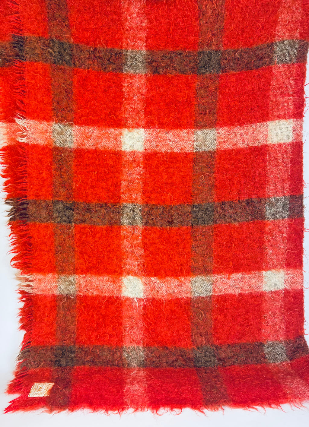 Vintage Hudson's Bay Company (HBC) Mohair/Wool Plaid Fringe Throw - Red + Brown Plaid Pattern - Made In Scotland