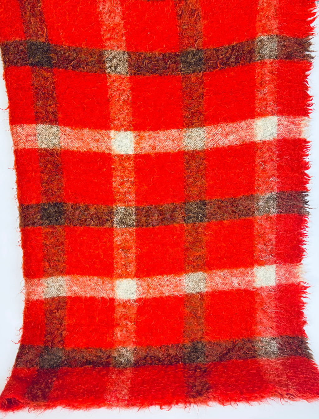 Vintage Hudson's Bay Company (HBC) Mohair/Wool Plaid Fringe Throw - Red + Brown Plaid Pattern - Made In Scotland