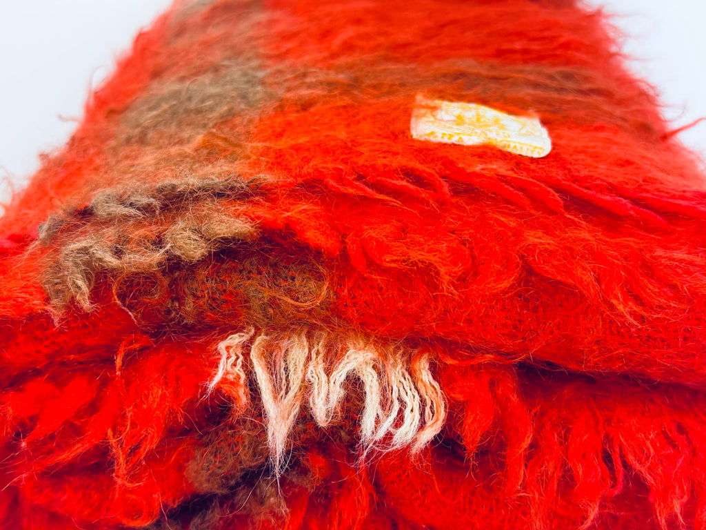 Vintage Hudson's Bay Company (HBC) Mohair/Wool Plaid Fringe Throw - Red + Brown Plaid Pattern - Made In Scotland