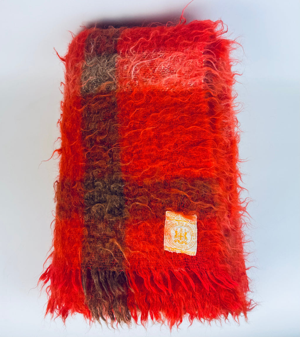 Vintage Hudson's Bay Company (HBC) Mohair/Wool Plaid Fringe Throw - Red + Brown Plaid Pattern - Made In Scotland