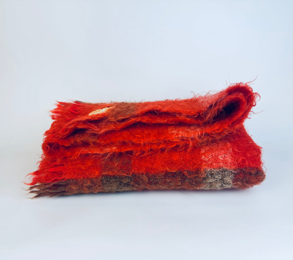 Vintage Hudson's Bay Company (HBC) Mohair/Wool Plaid Fringe Throw - Red + Brown Plaid Pattern - Made In Scotland