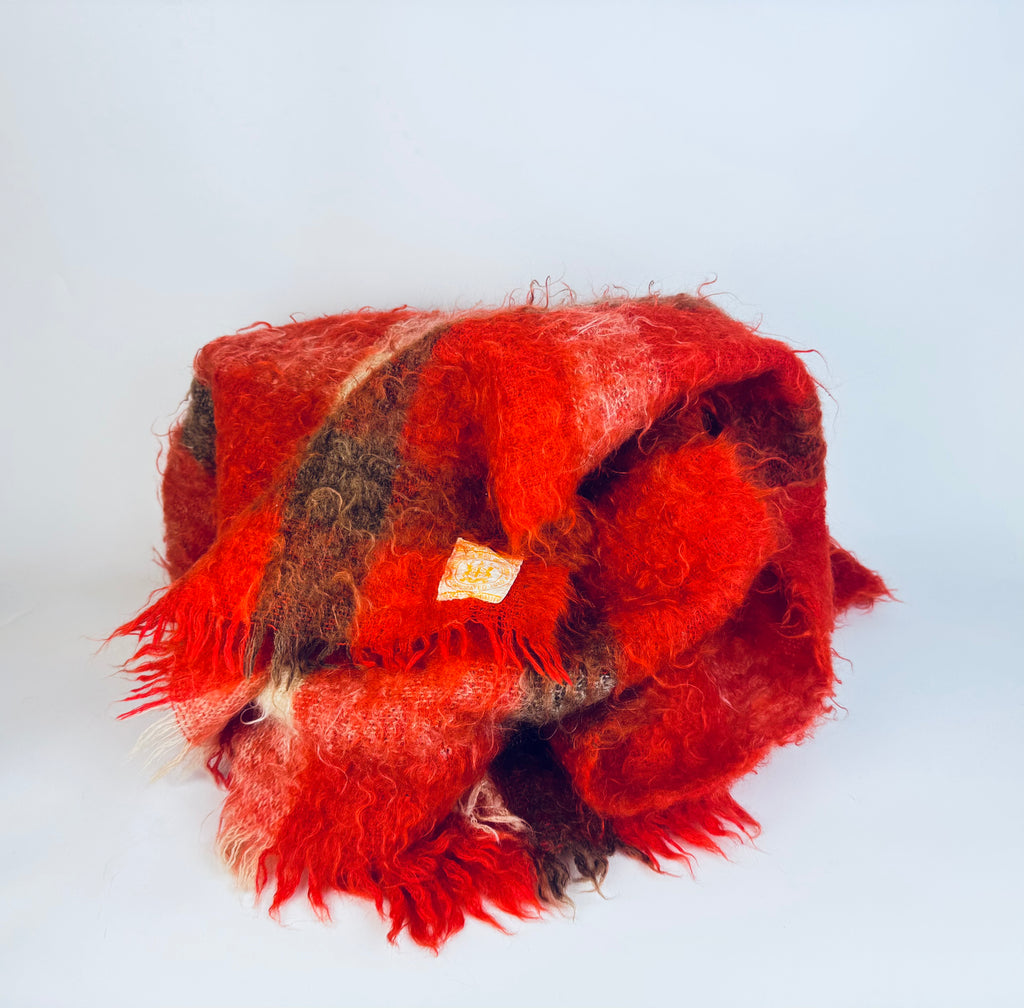 Vintage Hudson's Bay Company (HBC) Mohair/Wool Plaid Fringe Throw - Red + Brown Plaid Pattern - Made In Scotland