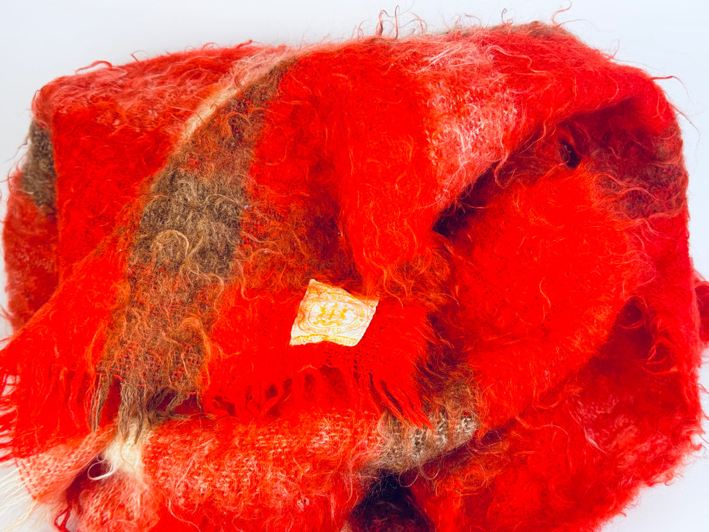 Vintage Hudson's Bay Company (HBC) Mohair/Wool Plaid Fringe Throw - Red + Brown Plaid Pattern - Made In Scotland