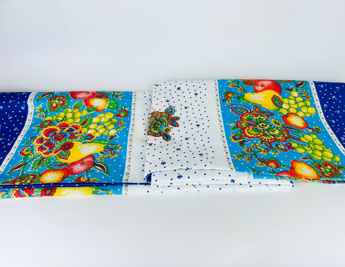 Vintage Blue + White Fruit + Floral Summer Rectangular Tablecloth - Cotton + Polyester Blend - Made In Italy