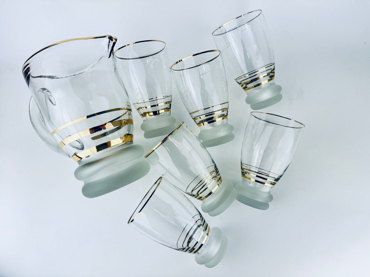 Product image for 'vintage gold striped frosted glass decanter glassware barware set six 6 glasses' (view 37f08a)