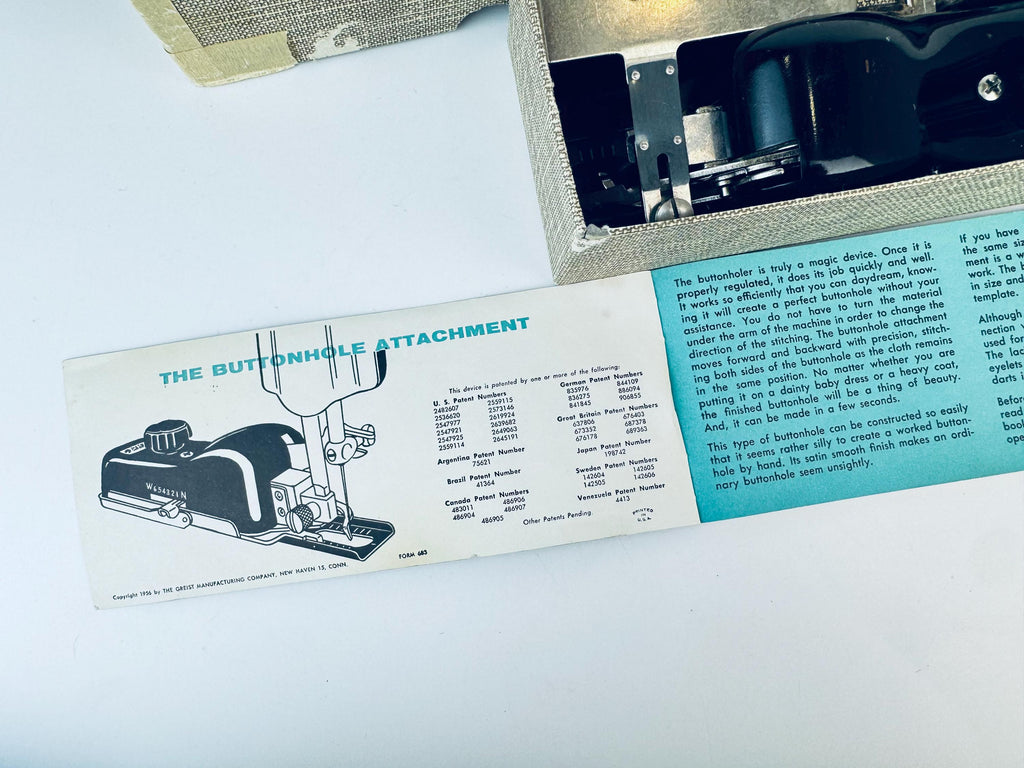 Product image for 'vintage 1950s greist rotary buttonholer model 683 box manual made in usa' (view 46942b)