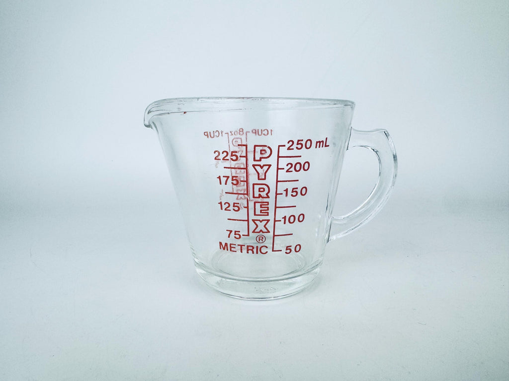 Product image for 'vintage red pyrex glass measuring cups metric imperial system made in usa sold separately' (view d3cb96)