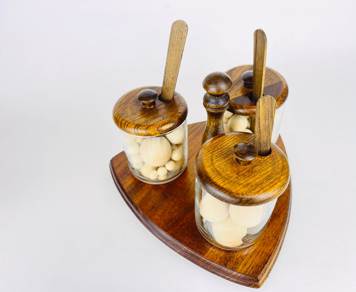 Product image for 'vintage mid century glass condiment caddy set trio of jars with wooden lids spoons' (view 407f79)