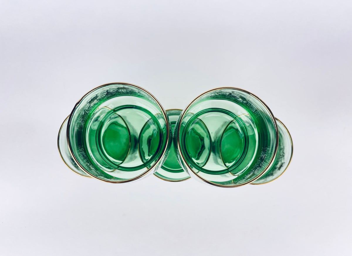 Product image for 'vintage green pedestal lowball glasses set of five 5 gold rimmed top white floral pattern dominion glass company' (view ea2c92)
