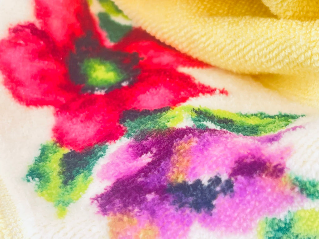Close-up of a colorful floral pattern on fabric