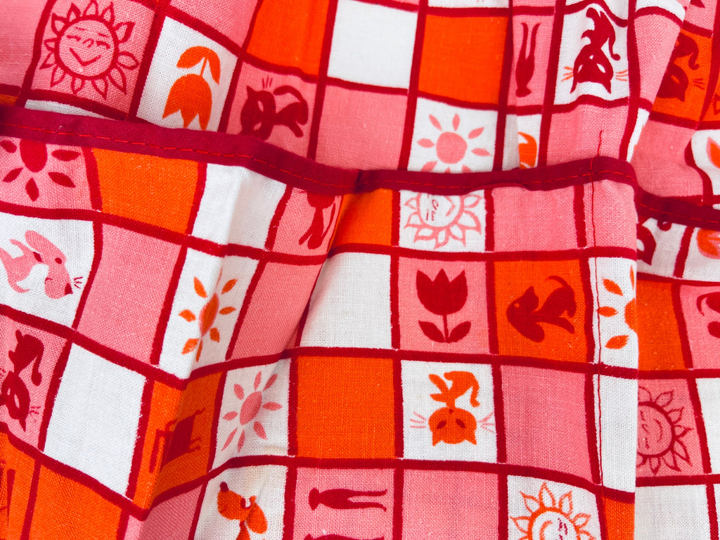 Vintage 1950s Pink Red Atomic Cotton Waist Apron with Pockets MCM Kitchen Hostess Apron