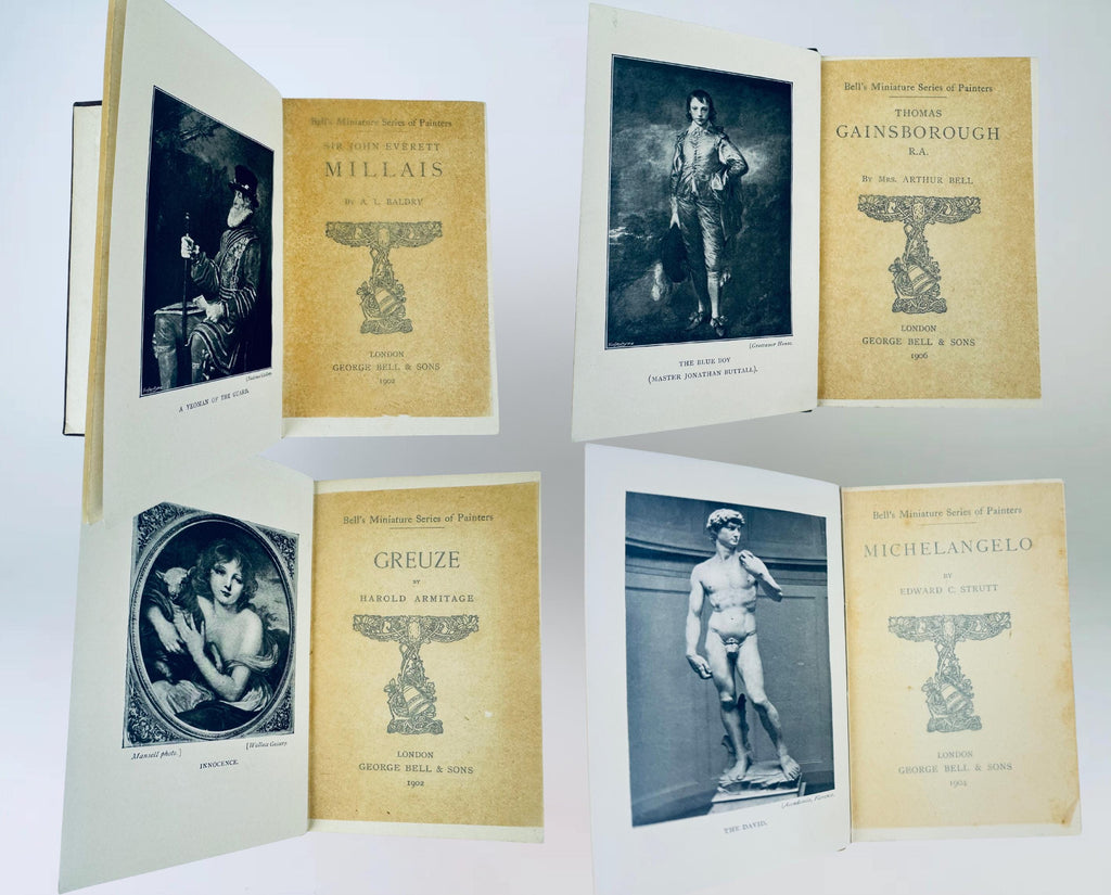 Set of vintage books on art with illustrations and text on a white background