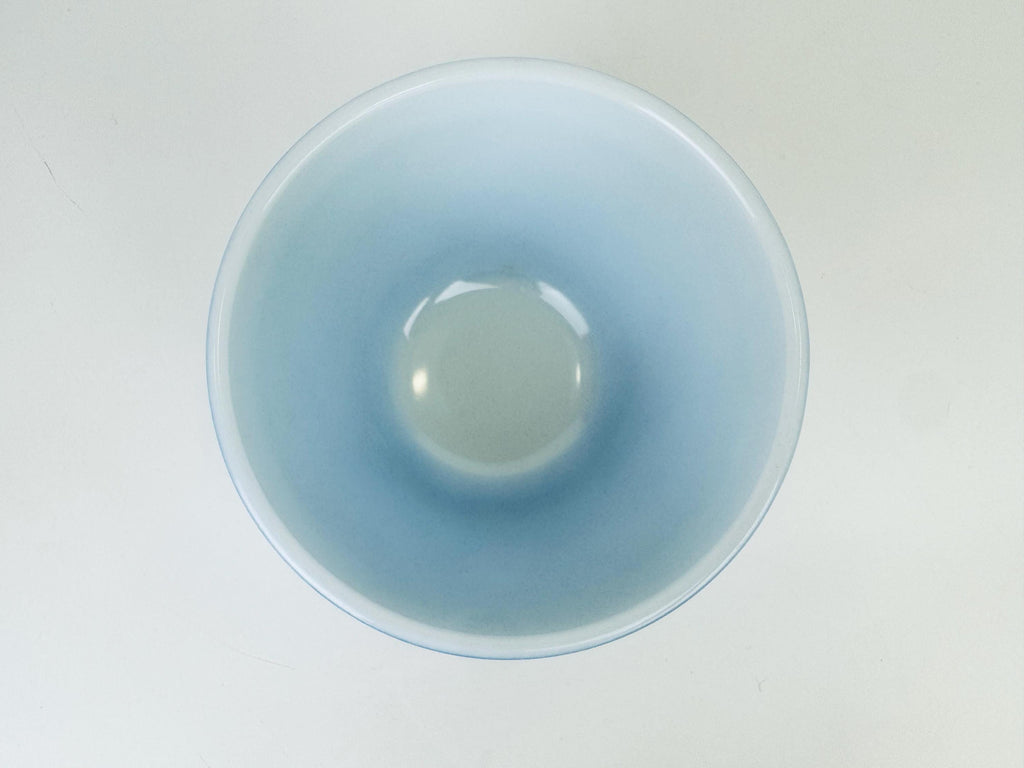 Glass bowl with a gradient blue to white color on a light gray background