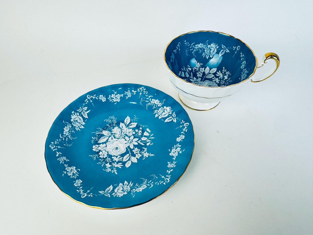 Vintage 'AYNSLEY' Turquoise Blue White & Gold Bone China Tea Cup + Saucer - Floral Rose Pattern - Made In England