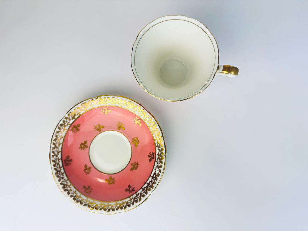 Vintage 'AYNSLEY' Pink White & Gold Bone China Tea Cup + Saucer - Floral Rose Pattern - Made In England
