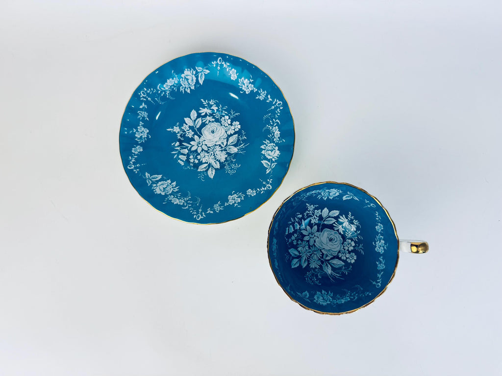 Vintage 'AYNSLEY' Turquoise Blue White & Gold Bone China Tea Cup + Saucer - Floral Rose Pattern - Made In England