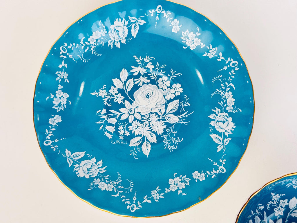 Vintage 'AYNSLEY' Turquoise Blue White & Gold Bone China Tea Cup + Saucer - Floral Rose Pattern - Made In England