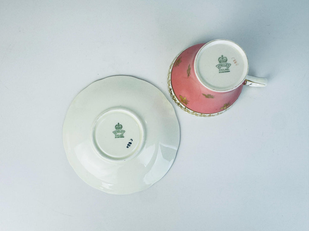 Vintage 'AYNSLEY' Pink White & Gold Bone China Tea Cup + Saucer - Floral Rose Pattern - Made In England