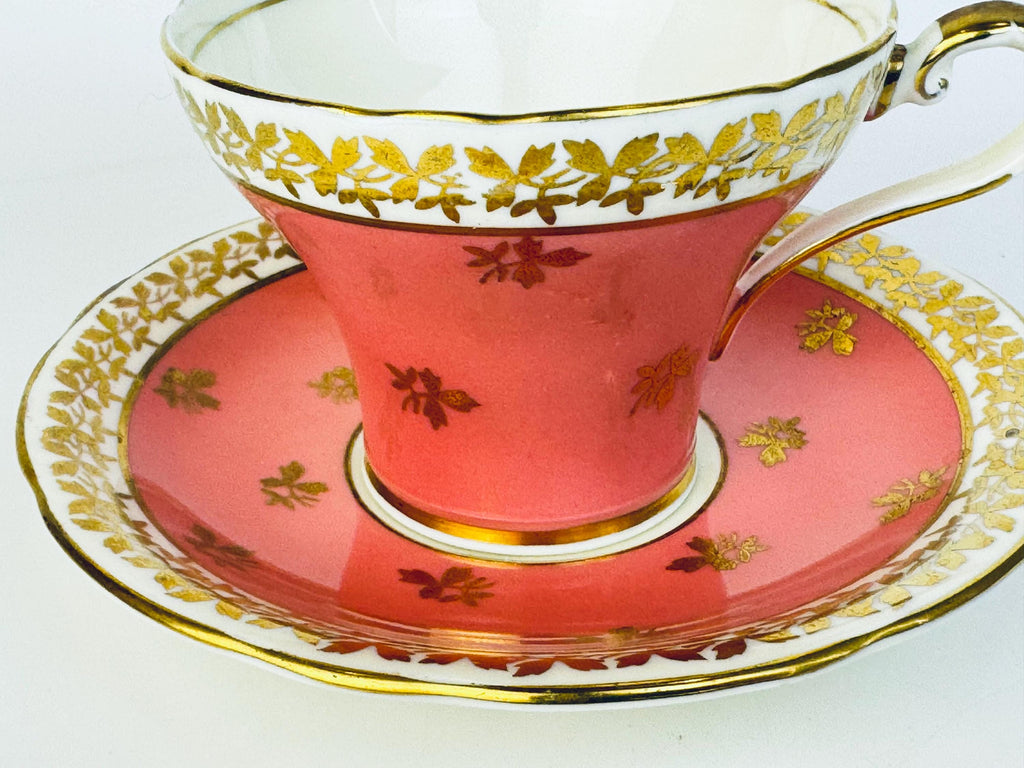 Vintage 'AYNSLEY' Pink White & Gold Bone China Tea Cup + Saucer - Floral Rose Pattern - Made In England