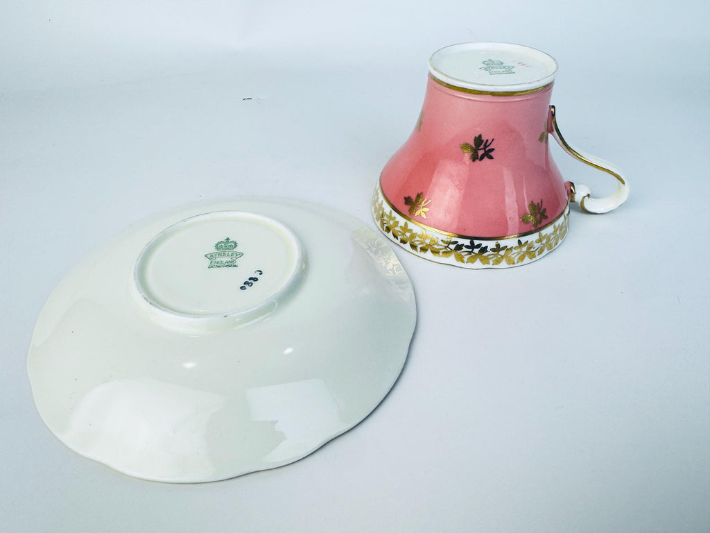 Vintage 'AYNSLEY' Pink White & Gold Bone China Tea Cup + Saucer - Floral Rose Pattern - Made In England