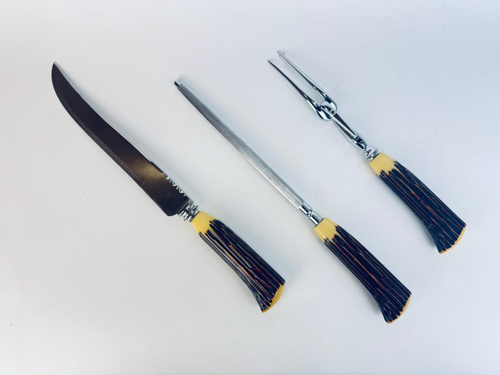 Vintage 1960s Glo-Hill Cutlery âThe Connoisseurs Choice Faux-Antler Sheffield Steel Carving Set in Original Box - Made In England