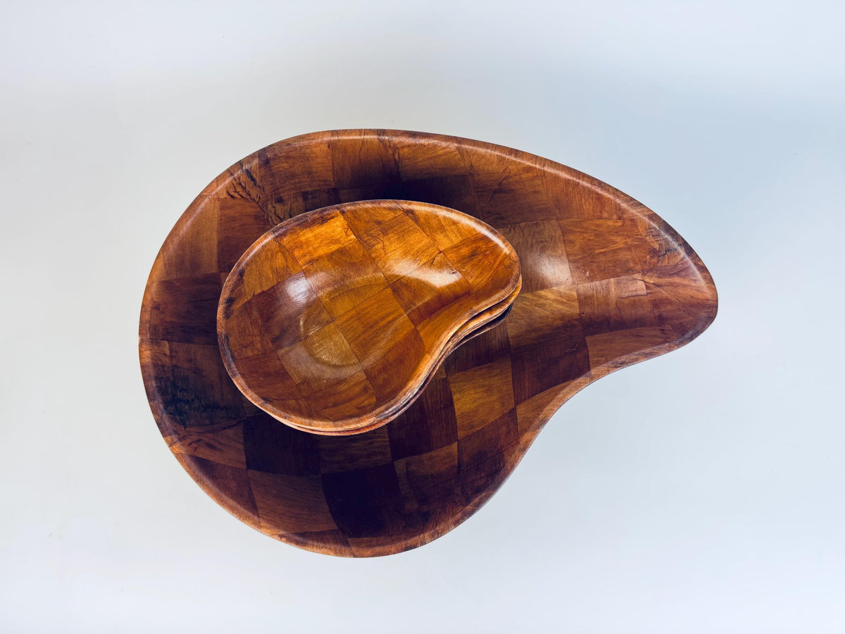 Vintage Teardrop Parquet Wooden Bowl Set 1970s-1980s Laminated Wood Serving & Salad Bowls