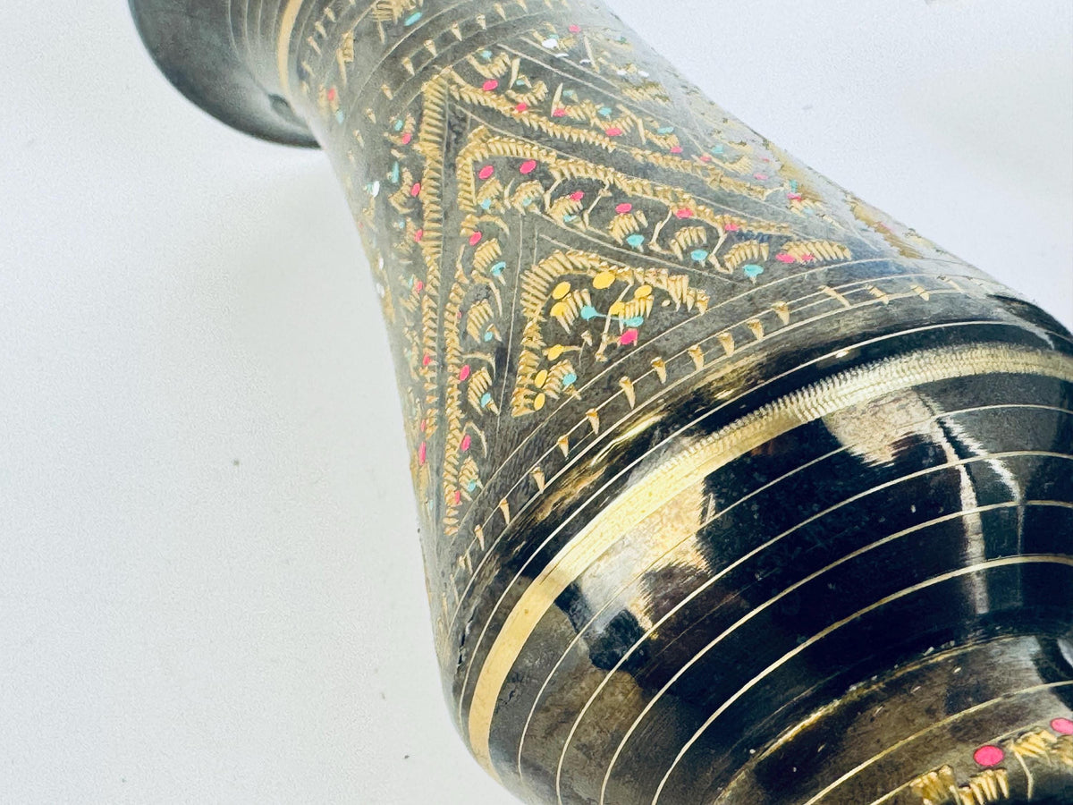 Vintage Black & Gold Brass Hand-Engraved Inlaid Vases - Set Of Two (2)