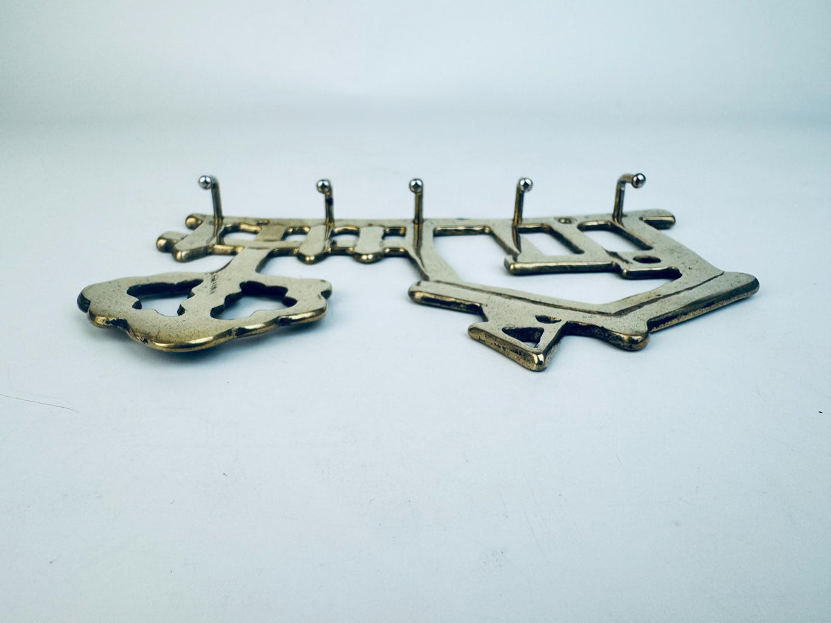 Vintage Brass House & Tree Key Rack 1970s Solid Brass Wall-Mount Key Hooks Cottage Entryway Organizer