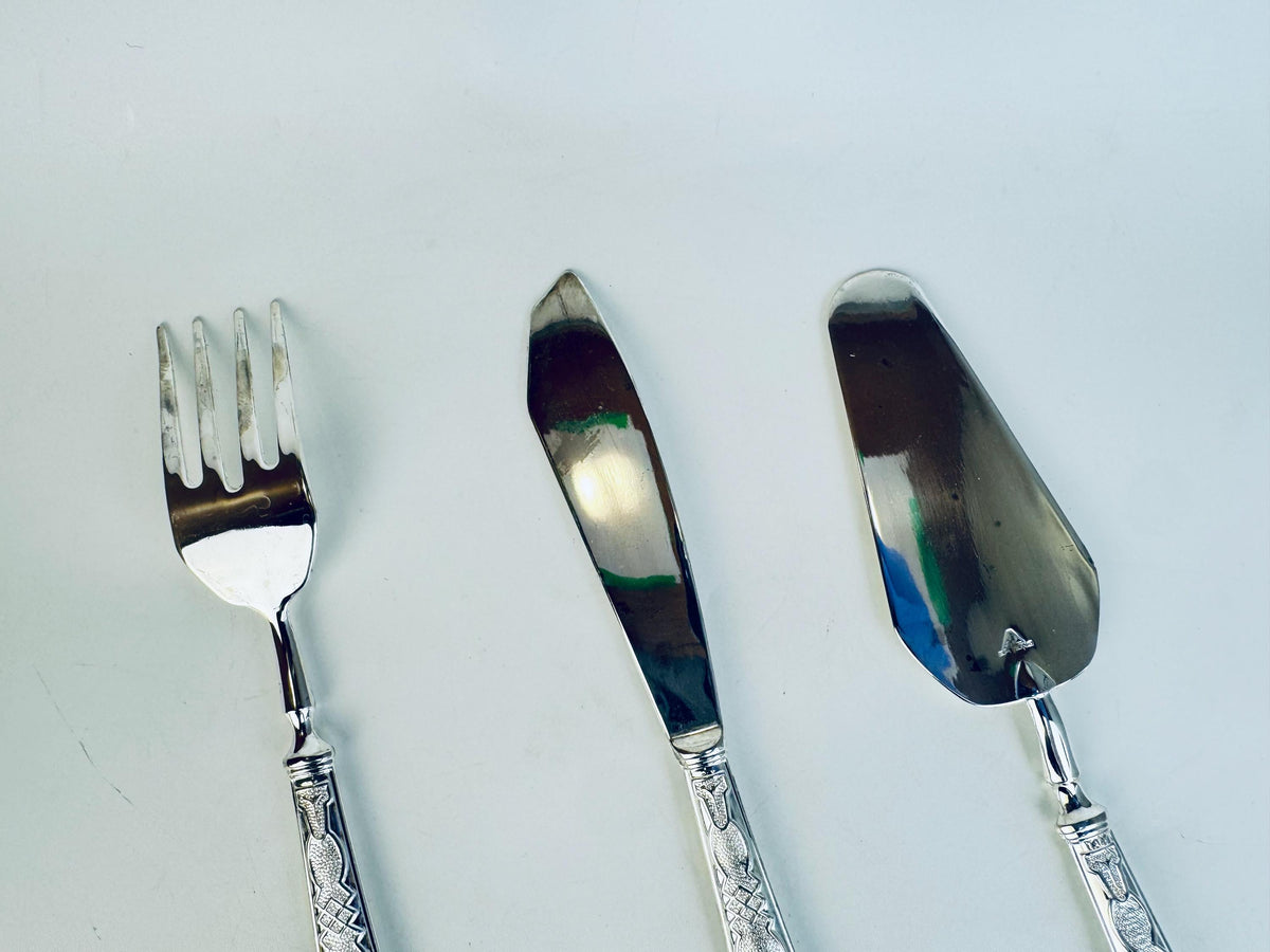 Vintage 1970s Silcraft E.P. Zinc Silver Tone Serving Set Knife, Fork & Cake Server from Woodwards Canada