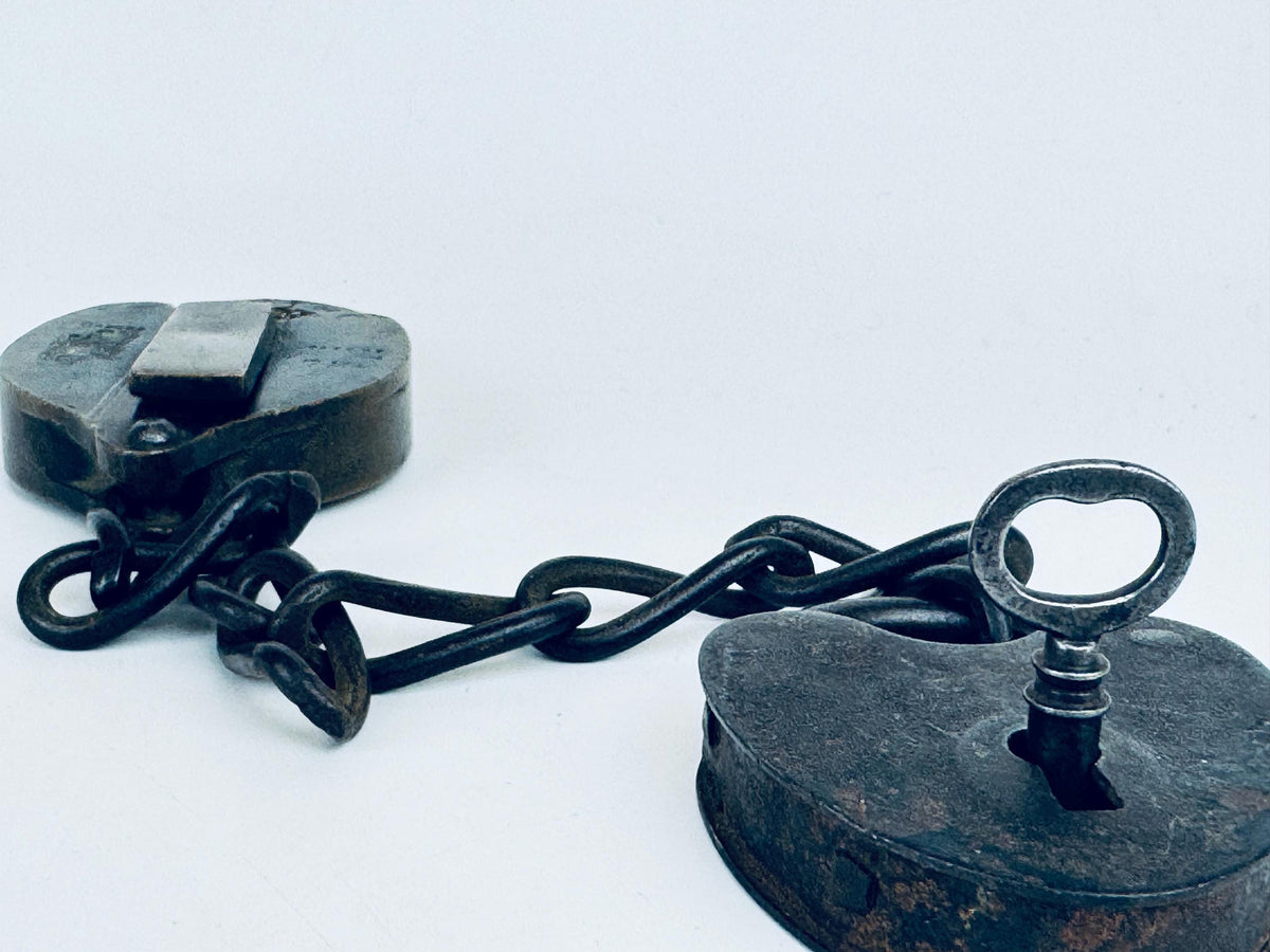 Antique + Rare 1870s Heart-Shaped Padlock Brass & Iron Railroad Lock Original Chain + Key