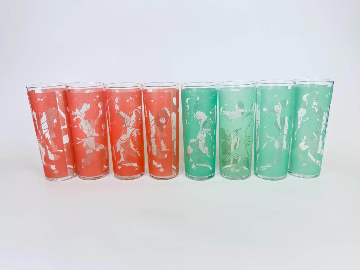 Vintage Dominion Glass Mid-Century Flamenco Dancer Frosted Highball Glasses - Sets Sold Separately