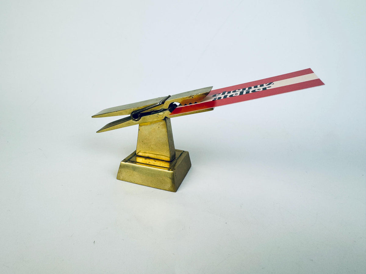 Vintage 1970s Solid Brass Desk Clip Sculpture Gold Metal Note Holder Paperweight