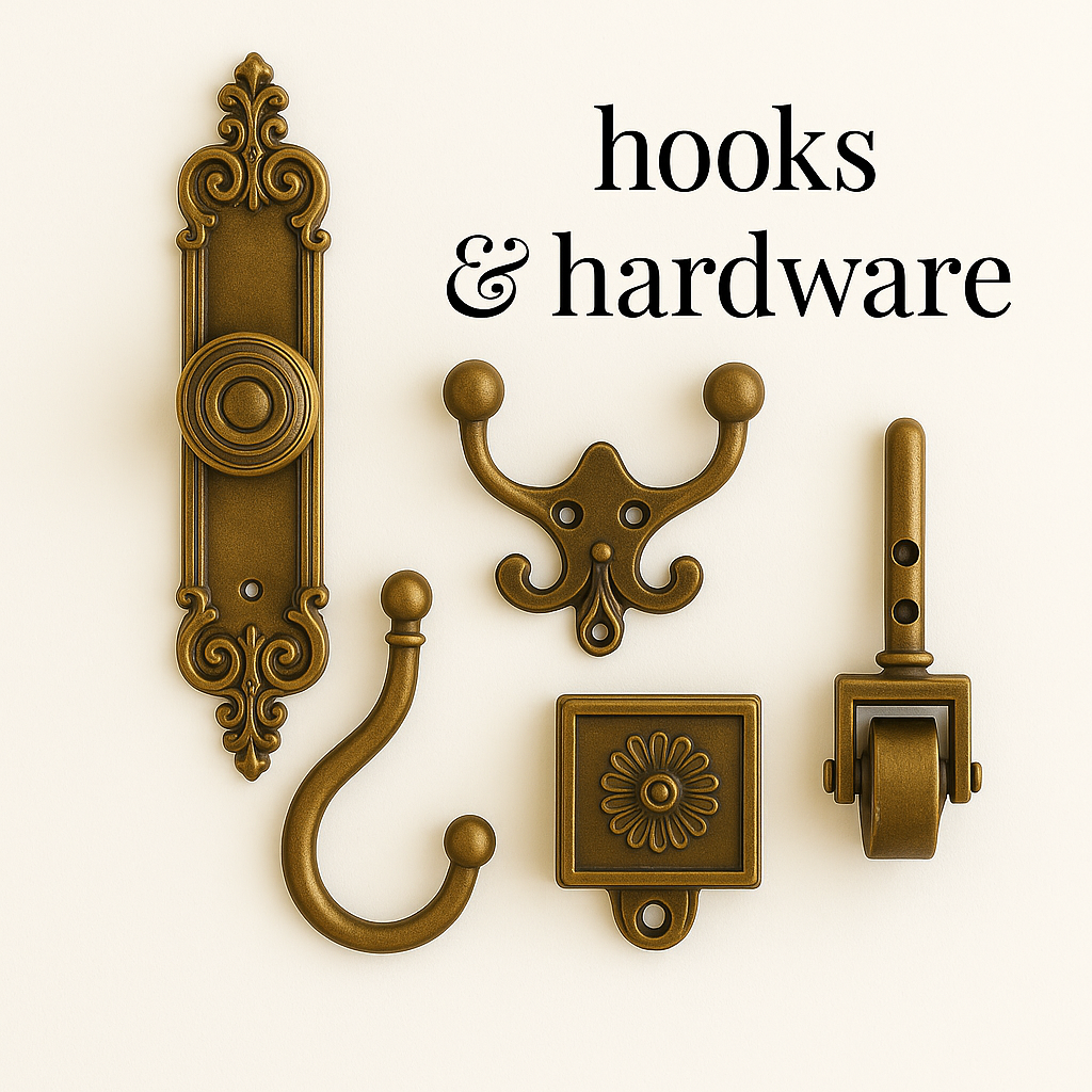 Flat lay of five vintage brass hardware pieces on a warm beige background, including ornate wall hooks, a decorative door plate, a caster wheel, and a square floral bracket, with the text ‘hooks & hardware’ in black serif font at top right.