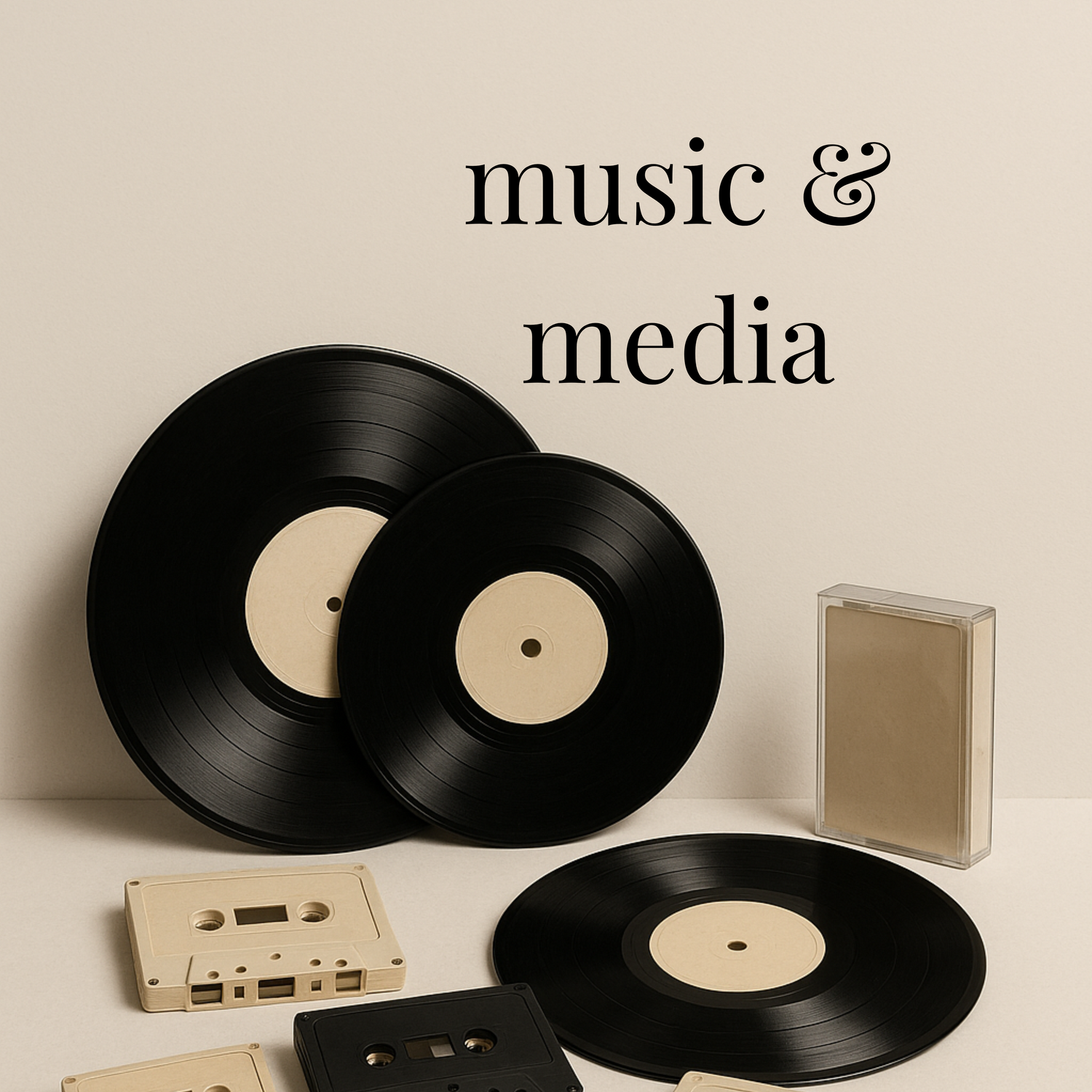 Three black vinyl records, three cassette tapes, and one cassette case arranged on a cream background. Text above reads “music & media” in black serif font.