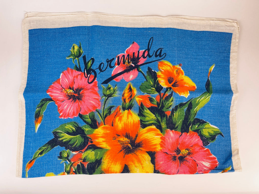 Product image for 'vintage large floral print bermuda souvenir linen tea towel tapestry kitchen statement towel made in ireland by lamont' (view 16b24d)