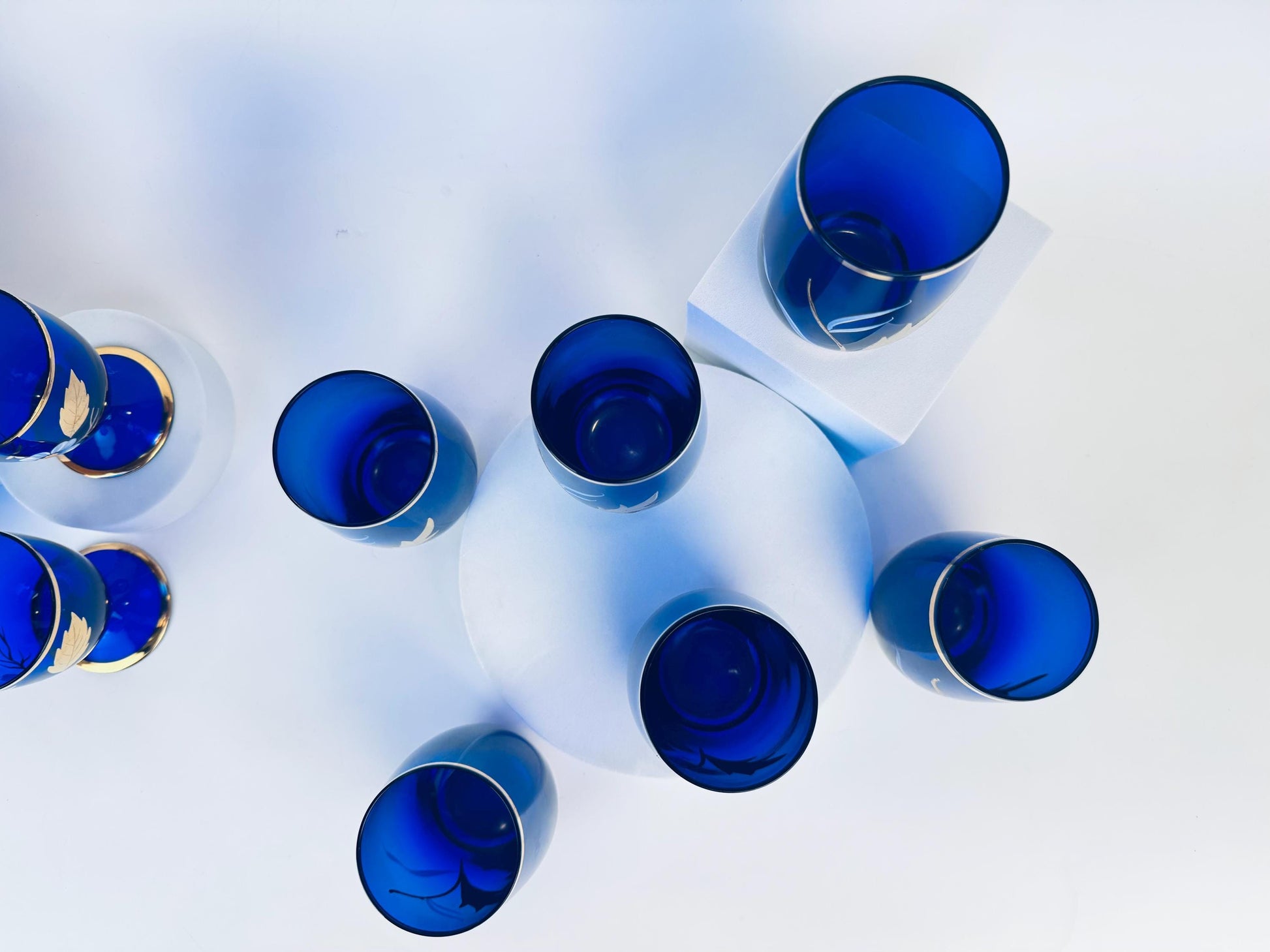 Product image for 'vintage cobalt blue glassware hand painted flowers gold rim small goblet and tumbler set' (view 6d68e7)