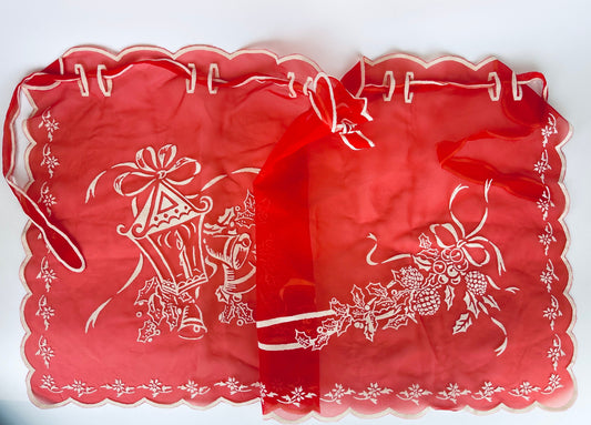 Product image for 'vintage decorative red creme christmas organza waist apron poinsettia bell scene' (view 56b88e)