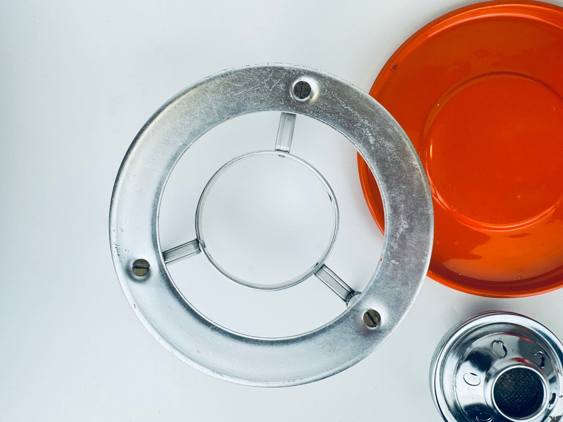 Product image for 'vintage bright orange metal fondue set wood accents made in hong kong' (view 91d601)