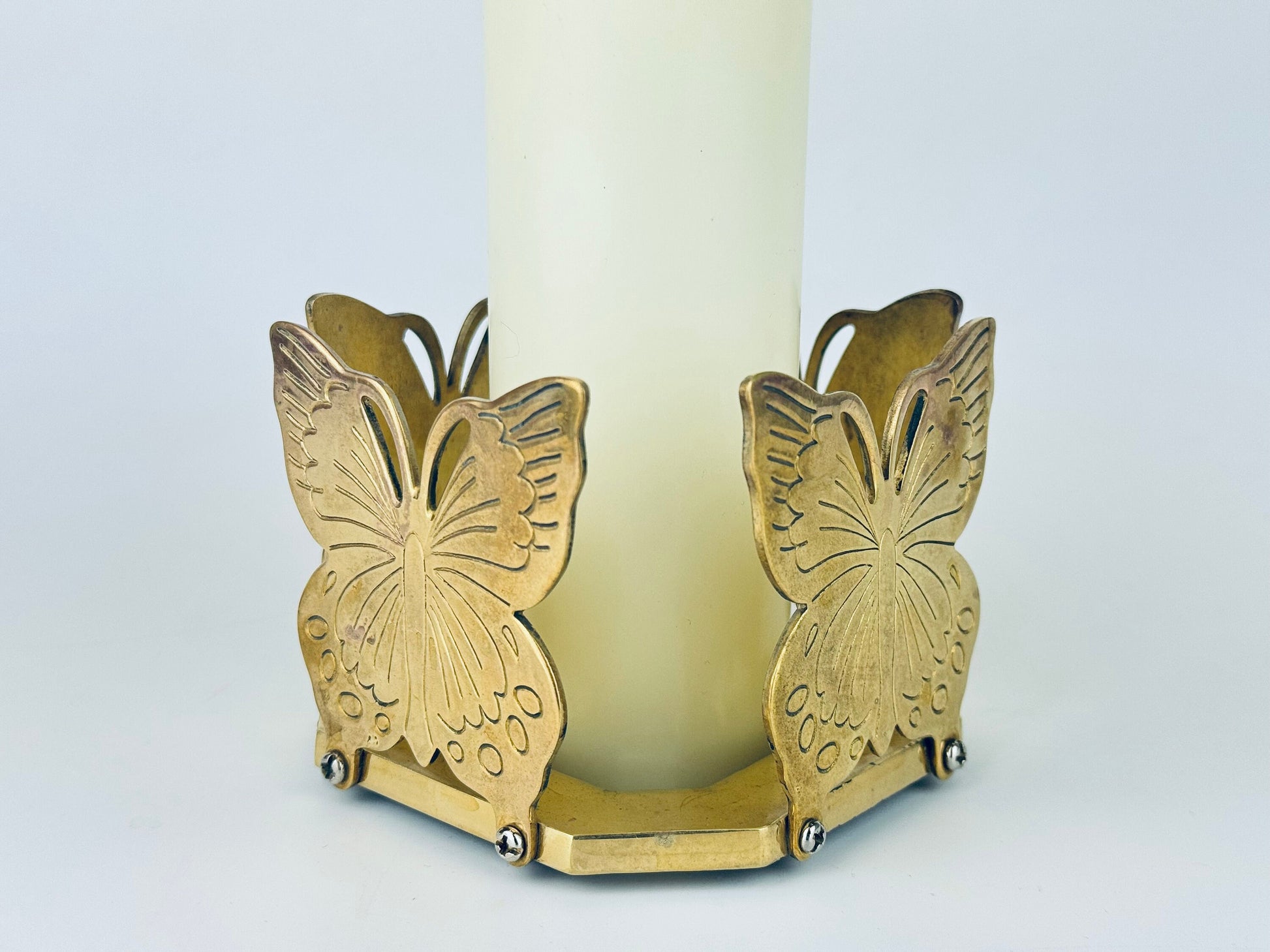 Product image for 'vintage solid brass square butterfly candle crystal ball holder attractive aged metal patina' (view 9c35eb)