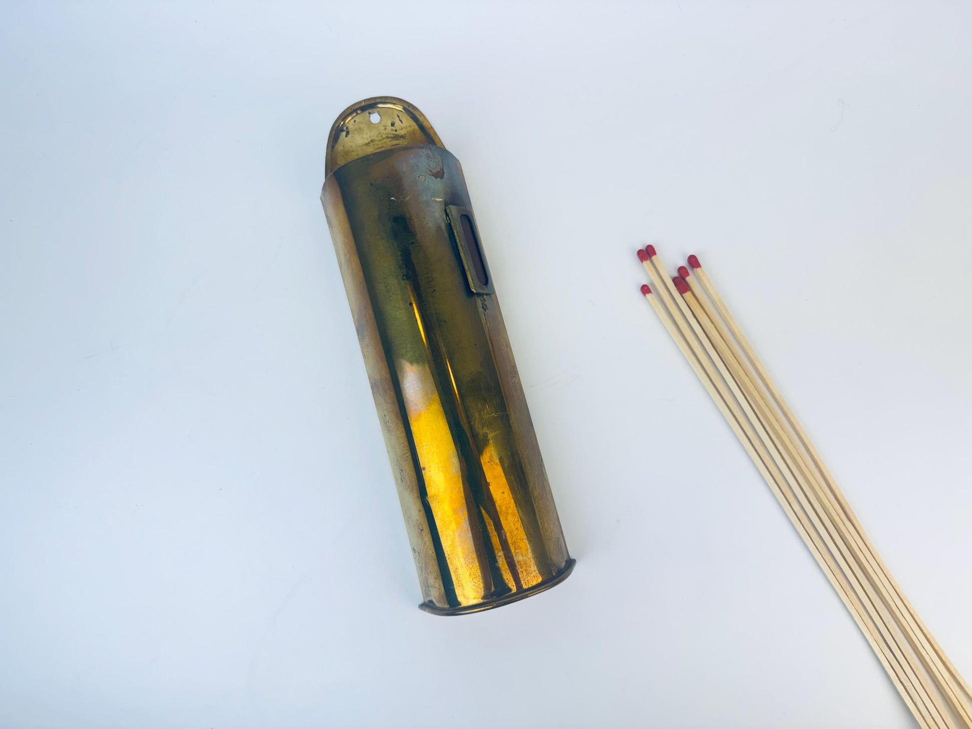 Product image for 'vintage brass match holder side strike pocket attractive aged metal patina' (view 522cc1)