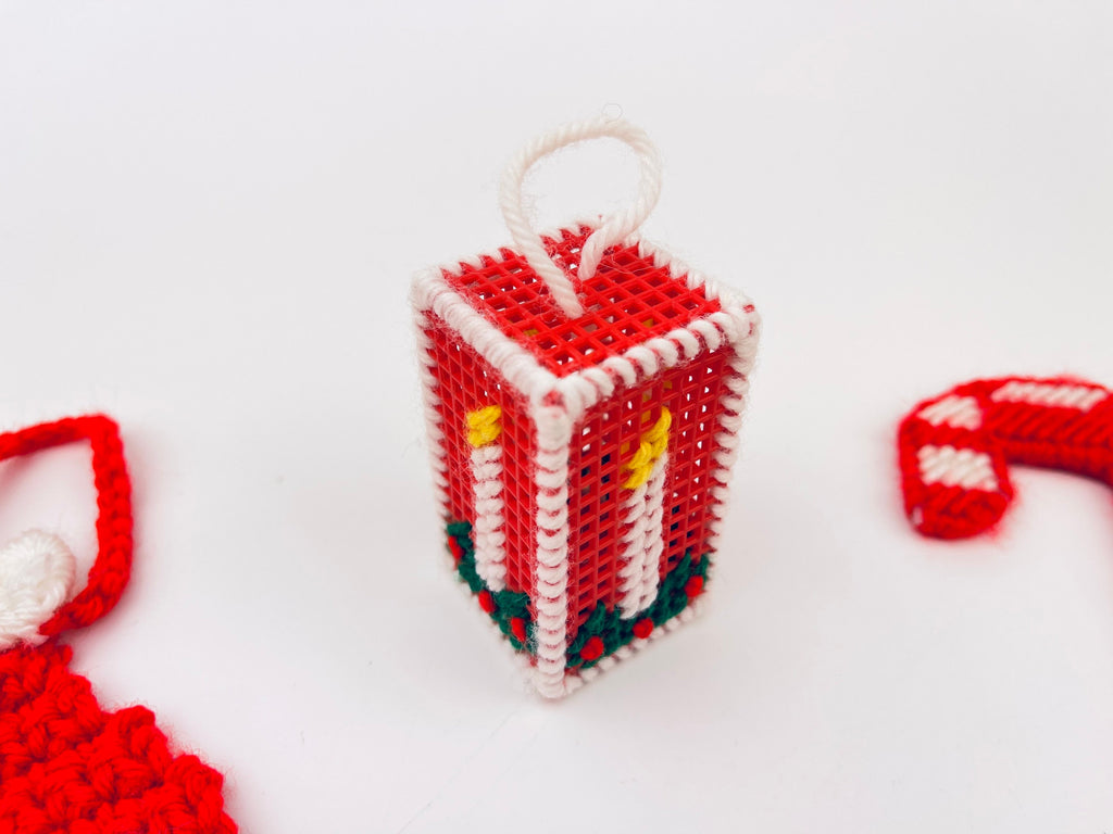 Product image for 'vintage handmade woven christmas ornaments santa stocking candle candy cane sold individually' (view d0015c)
