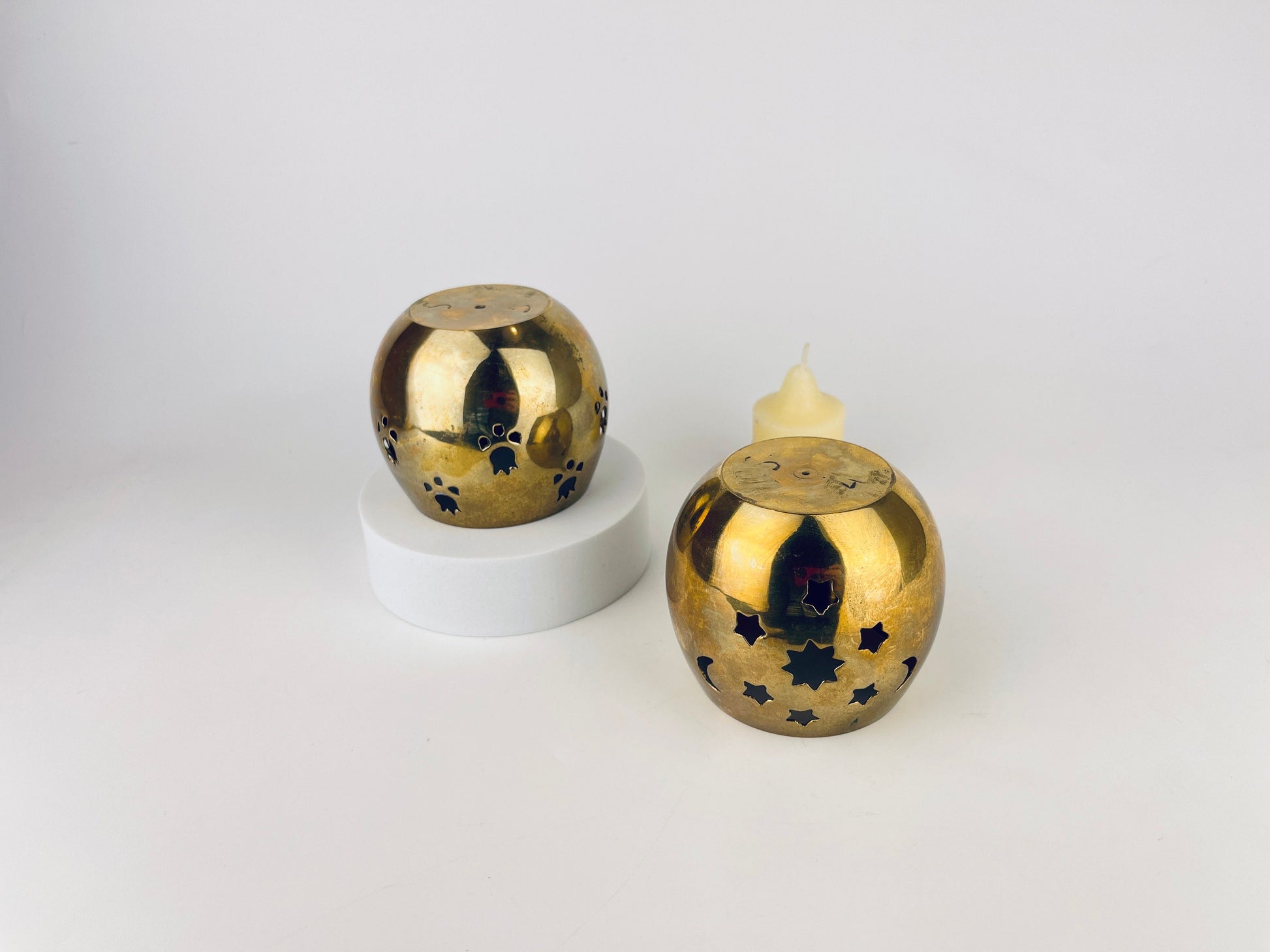 Product image for 'vintage solid brass votive candleholder moon stars tulip floral pattern sold separately' (view 64816e)