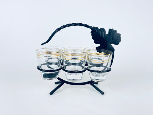 Product image for 'vintage gold striped clear shot glass barware set black metal leaf carrier' (view ebf1df)