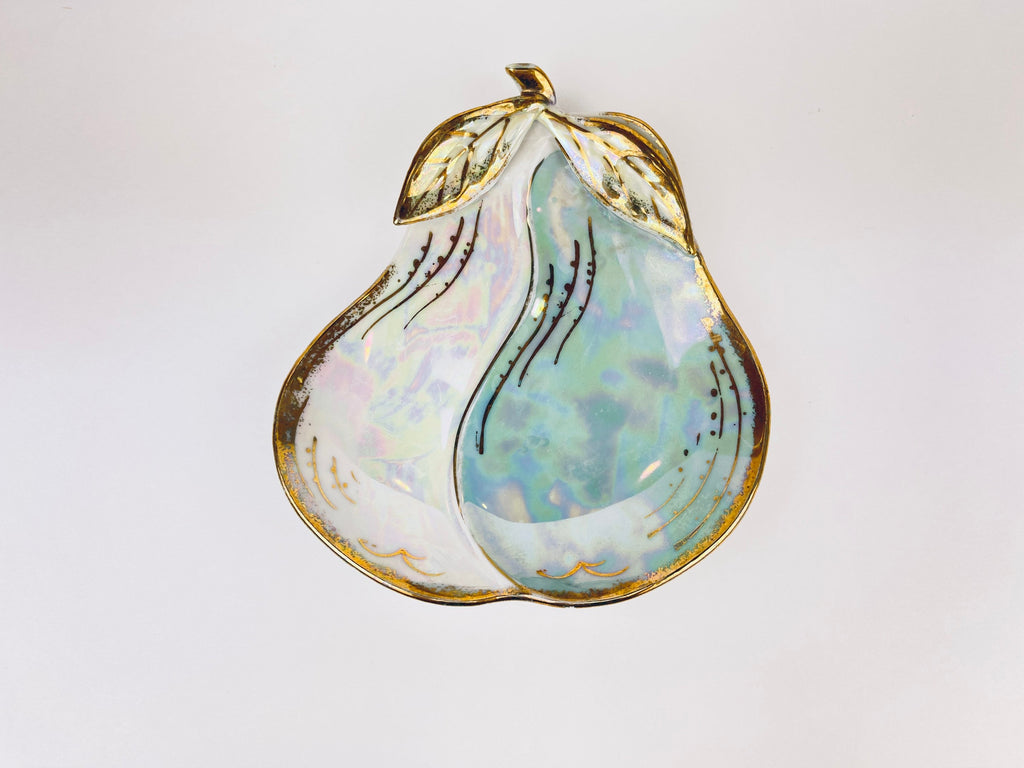 Product image for 'vintage ceramic pear shaped ring candy dish gold rimmed iridescent lustreware made in japan' (view 394e09)