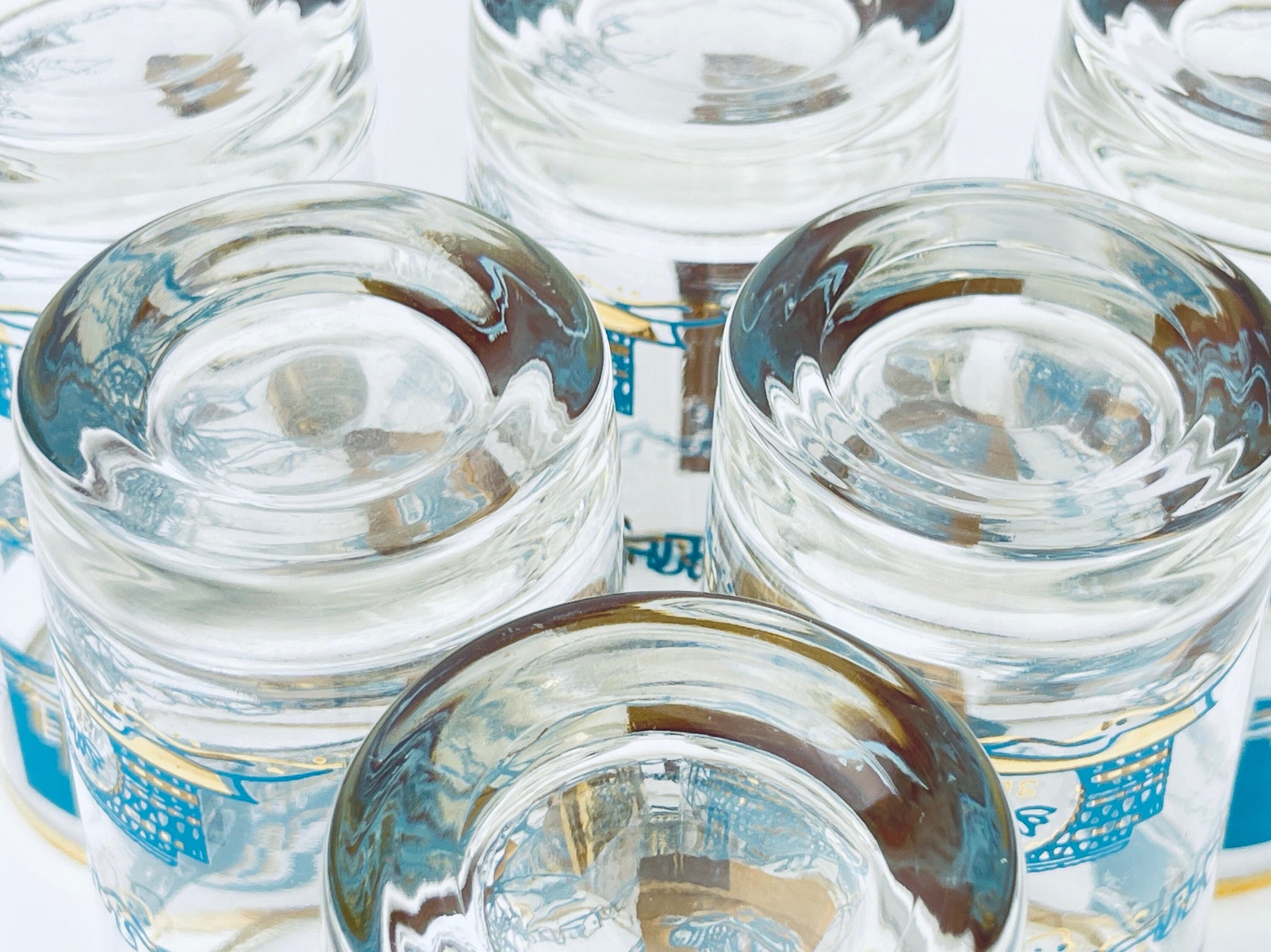 Product image for 'vintage mcm riverboat highball glass barware set set of six 6 22 kt gold aqua teal southern comfort libbey glassware' (view db5507)